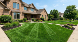 A beautifully manicured green lawn with alternating striped patterns dominates the foreground in front of a spacious brick home. The neat yard features defined mulched beds with blooming flowers and lush shrubs, perfectly illustrating high-end property curb appeal