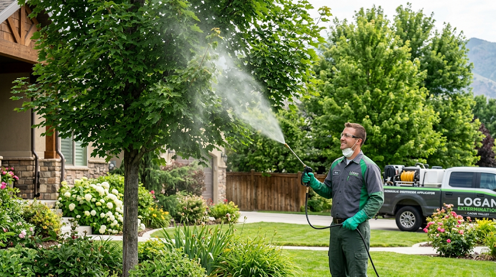 A certified professional technician from Logan Extermination applies a targeted insecticide spray treatment to the canopy of a large shade tree. The controlled mist covers the foliage to protect against harmful pests while maintaining safety in a residential Logan, Utah yard
